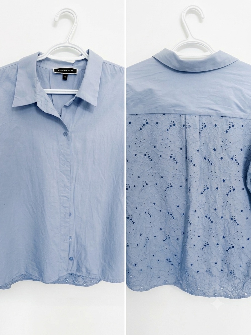 Melanie Lyne Eyelet Back Floral Button Down Shirt Steel Blue - Size 14/Large-XL